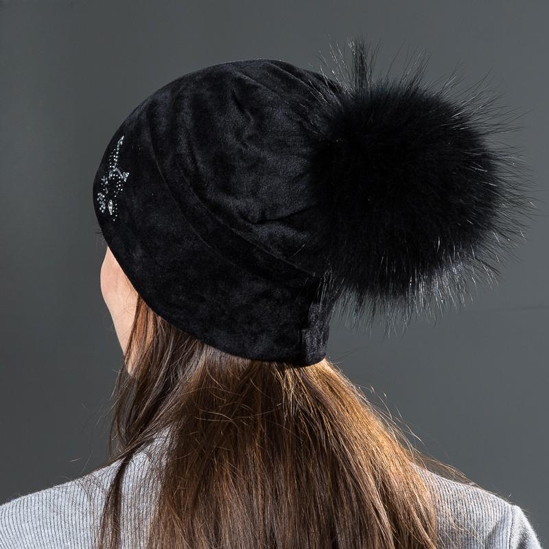 Owl Rhinestones Hats For Women Winter Warm Plus Velvet Fashion Caps With Natural Fur Pompoms Female Skullies Beanies