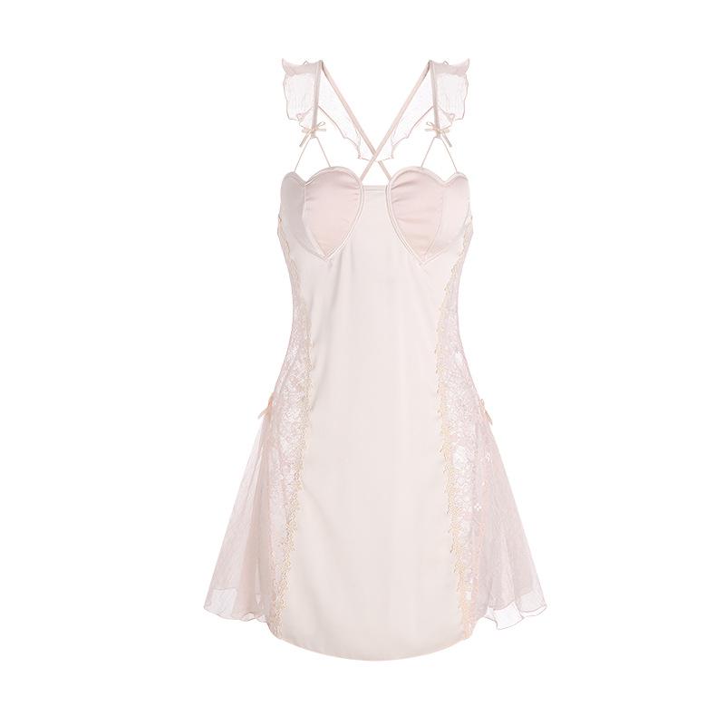 Cămașă de noapte elegantă din satin și dantelă transparentă cu mâneci scurte bufante și halat, set pentru femei