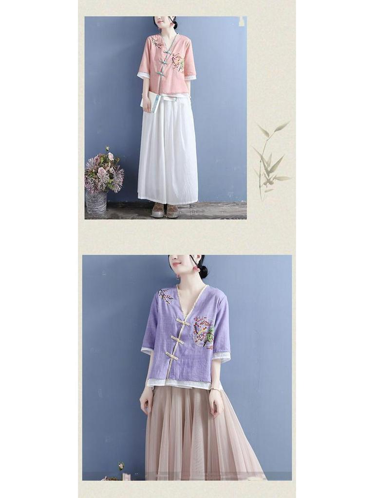 Women's Ethnic V-Neck Embroidered Cotton-Linen Cardigan Top and Mid-Sleeve Tea Dress