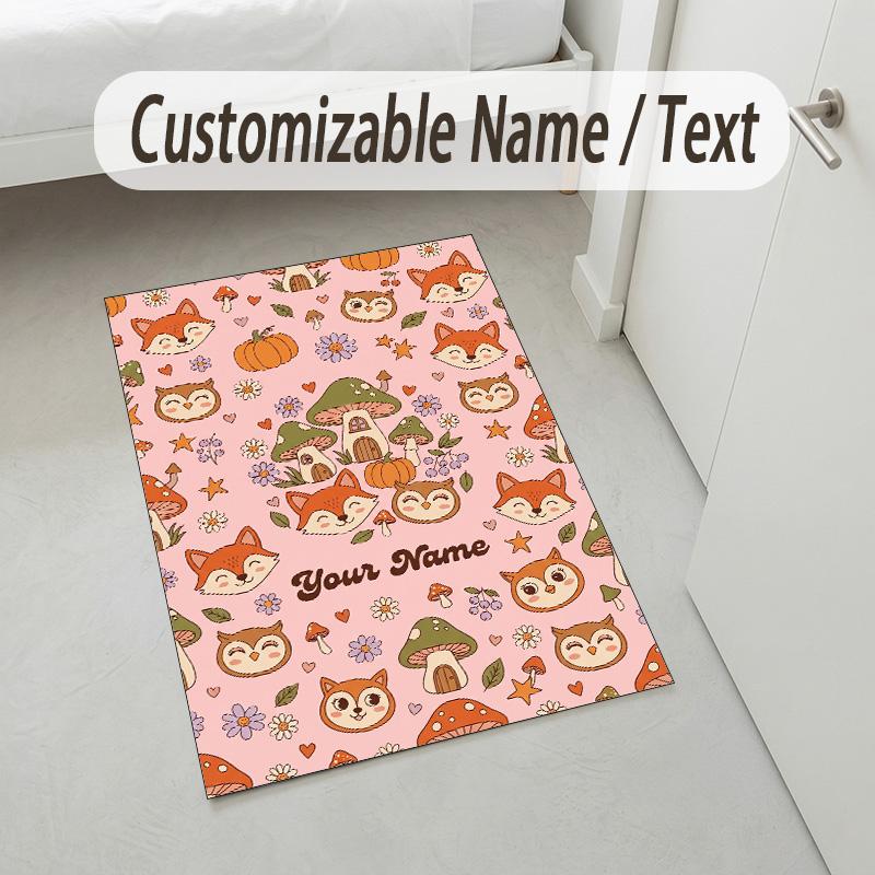 Autumn Fox Theme Soft Crystal Velvet Rug Custom Name & Text Print Non Slip Floor Rug for Bedroom Living Room