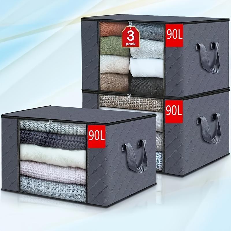 

3pcs Extra Large Storage Bags with Zipper and Lid - Foldable Durable Organizer for Bedding, Blankets, Pillows & Toys