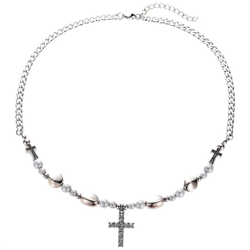 Cross Pendant Necklace Reflective Pearl Choker Chain Clavicle Chain Necklace