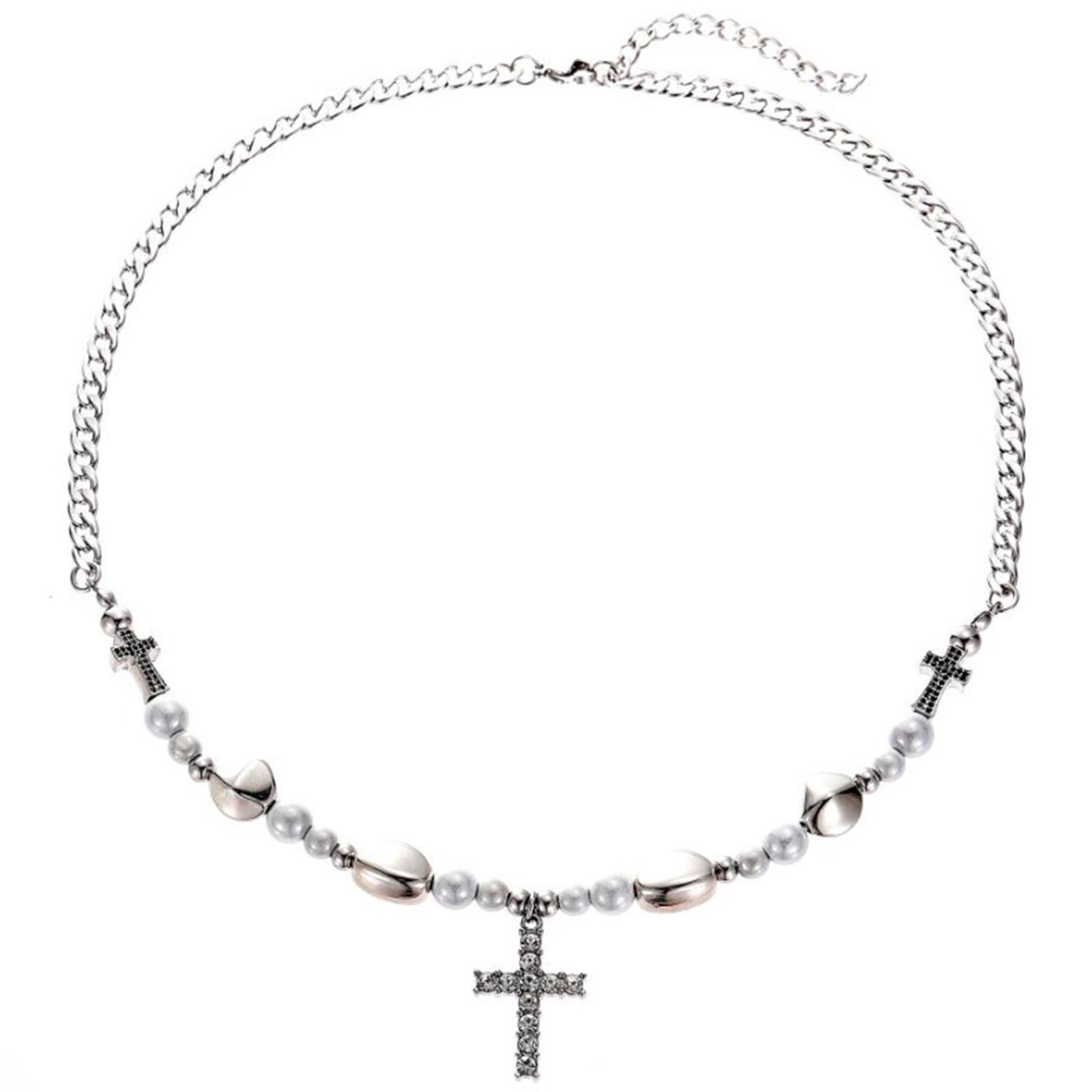 Cross Pendant Necklace Reflective Pearl Choker Chain Clavicle Chain Necklace 1