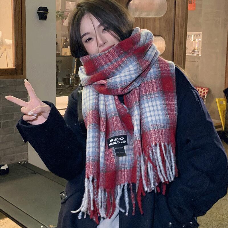 Korean Style Plaid Mohair Scarf - Women's Winter Imitation Cashmere Shawl