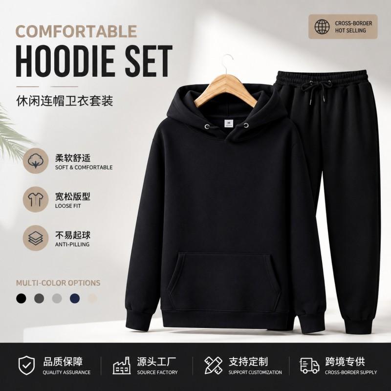 Mens Solid Color Tracksuit Thick Hooded Sweatshirt Jogger Set Sportswear