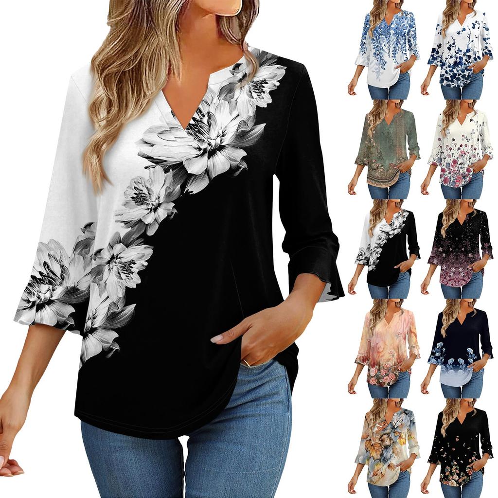 3/4-ermetopper for kvinner T-skjorte Casual Trompetermer Trykk Tunika V-hals Pullover Bluse