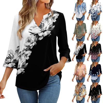 Bluzki z rękawem 3/4 dla kobiet T-shirt Casual Rozkloszowane rękawy Nadruk Tunika Dekolt V Sweter Bluzka