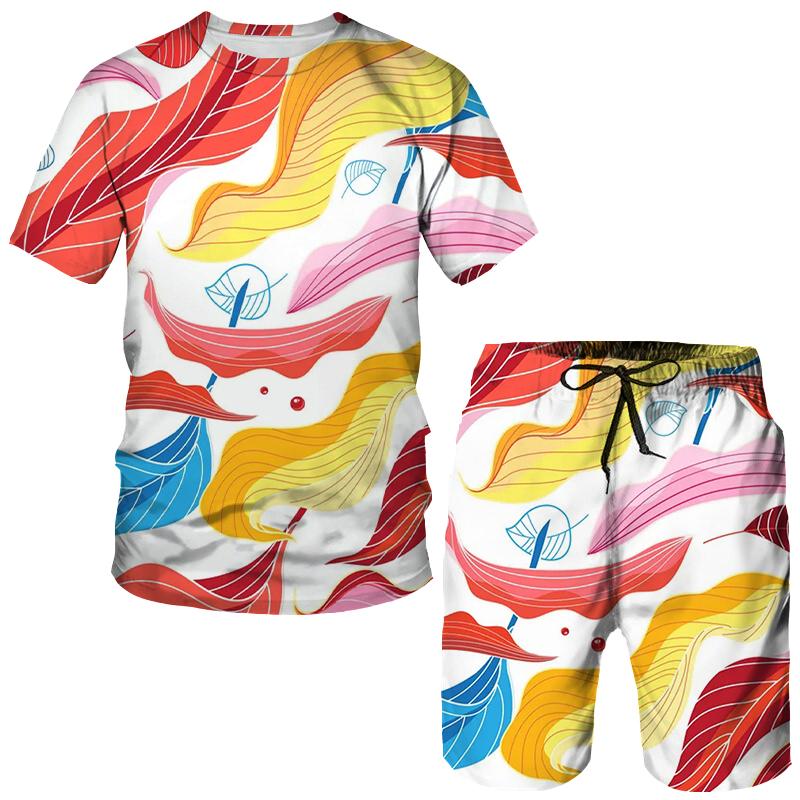 Summer Colorful Leaves 3D Print T-Shirts Shorts Sets Men's Tracksuits Oversized Short Sleeve T Shirt Pants Set Suits Clothing