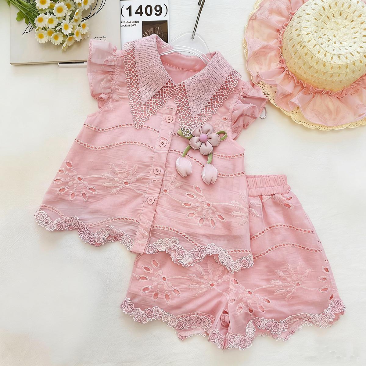 Girls Summer Lace Flutter Sleeve Set 3D Floral Embroidered Sleeveless Top With Ruffled Shorts Two Piece Outfit 100cm
