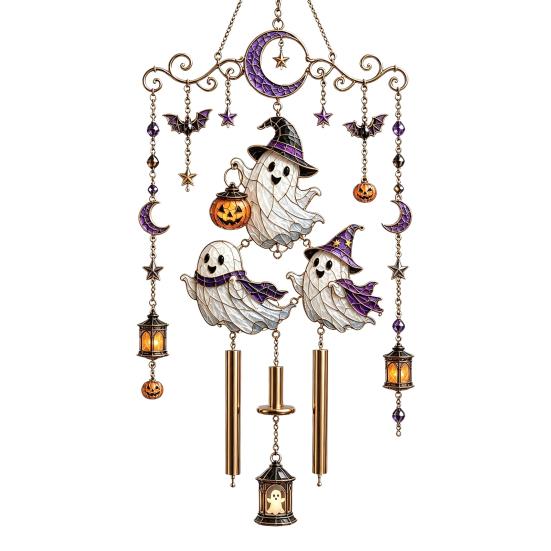 Bat Moon Themed Decor Halloween Stained Glass Style Wind Chime, Acrylic Suncatcher Hanging Ornament with Ghost Black Cat Raven Witch Festive