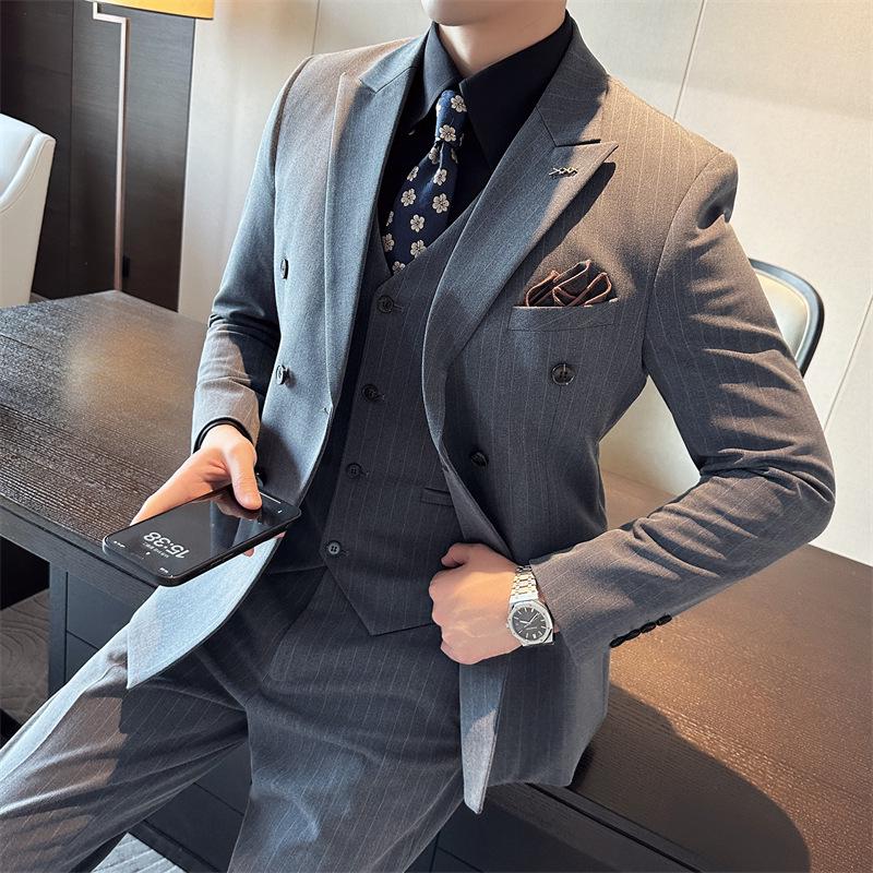 Men's Striped Double-Breasted Slim-Fit Business Casual Suit