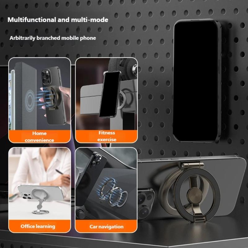 Double Hoop Magnetic Phone Holder with Full Rotation Capability Foldable Metal Construction for Desks