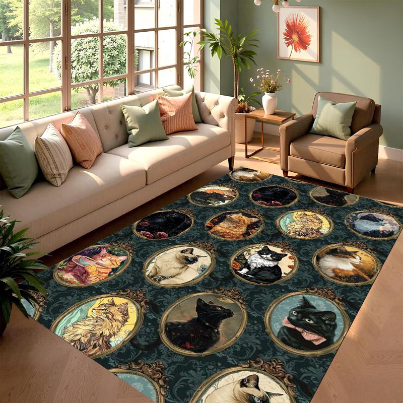 Retro Black Cat Print Rug, Gothic Kitten Pattern Area Rug, Cute Pet Carpet for Living Room Bedroom 40X60cm