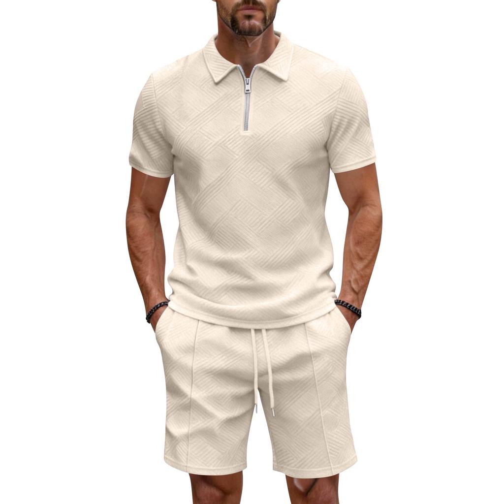 Men's New Casual Color Zipper Collar Shirt Short-sleeve Set