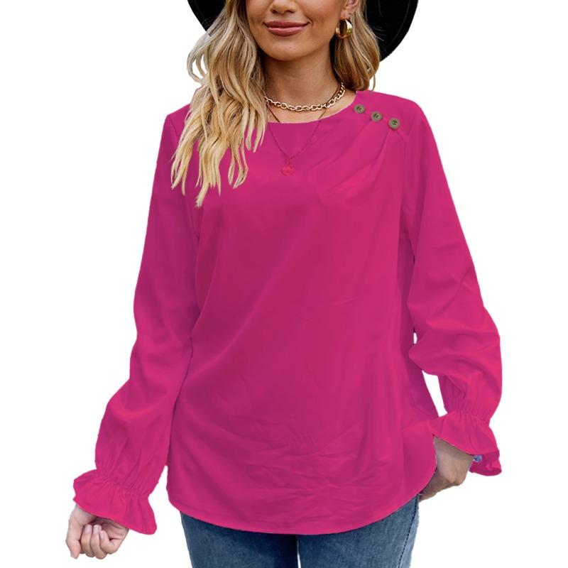 BITCED Women's Fashion Casual Solid Color Print Long Sleeve O Neck Blouses & Shirts