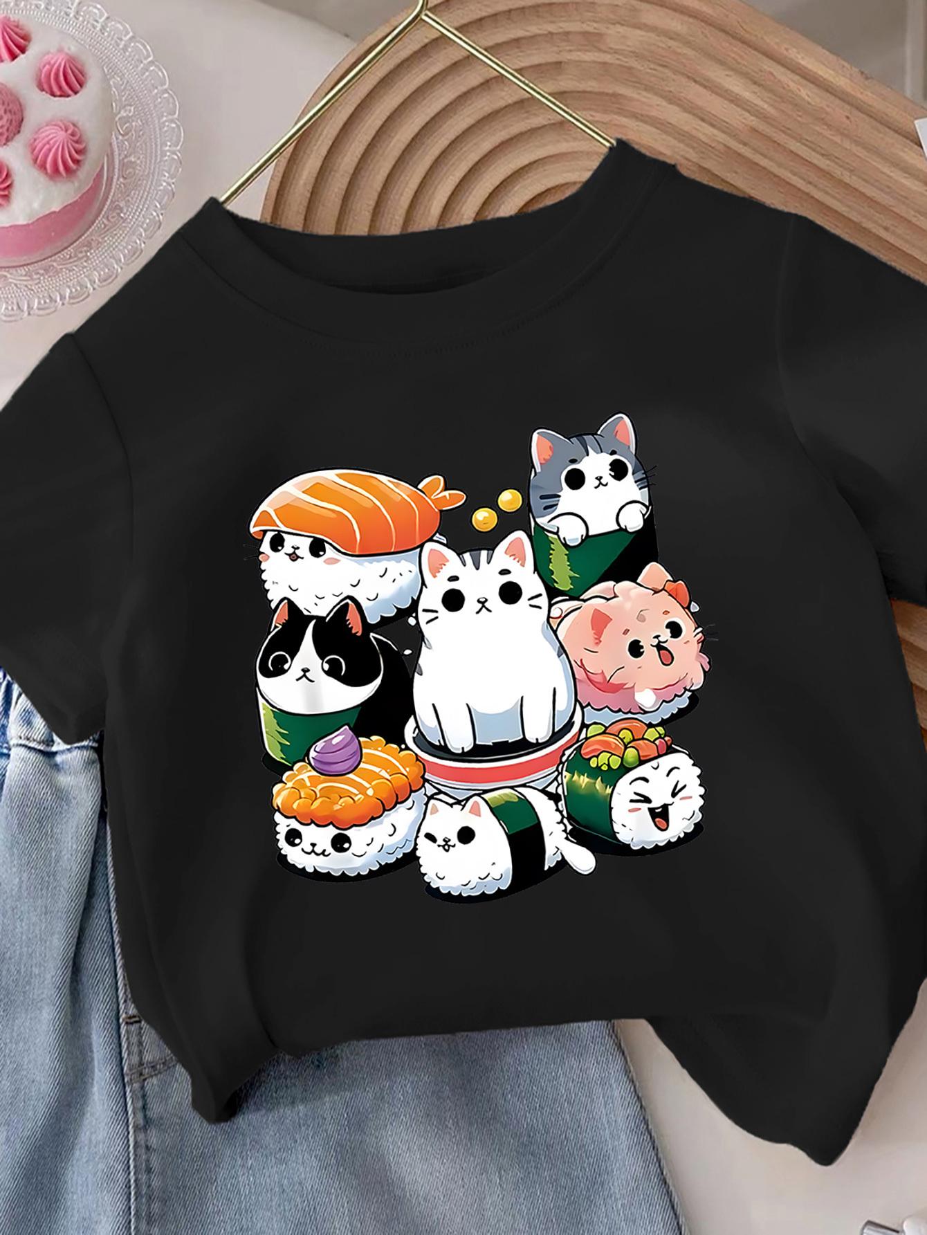 

Adorable Cat Sushi Cartoon Print TShirt Soft Round Neck with Fun Food Design for Summer Casual Children Wear Clothing 4XL