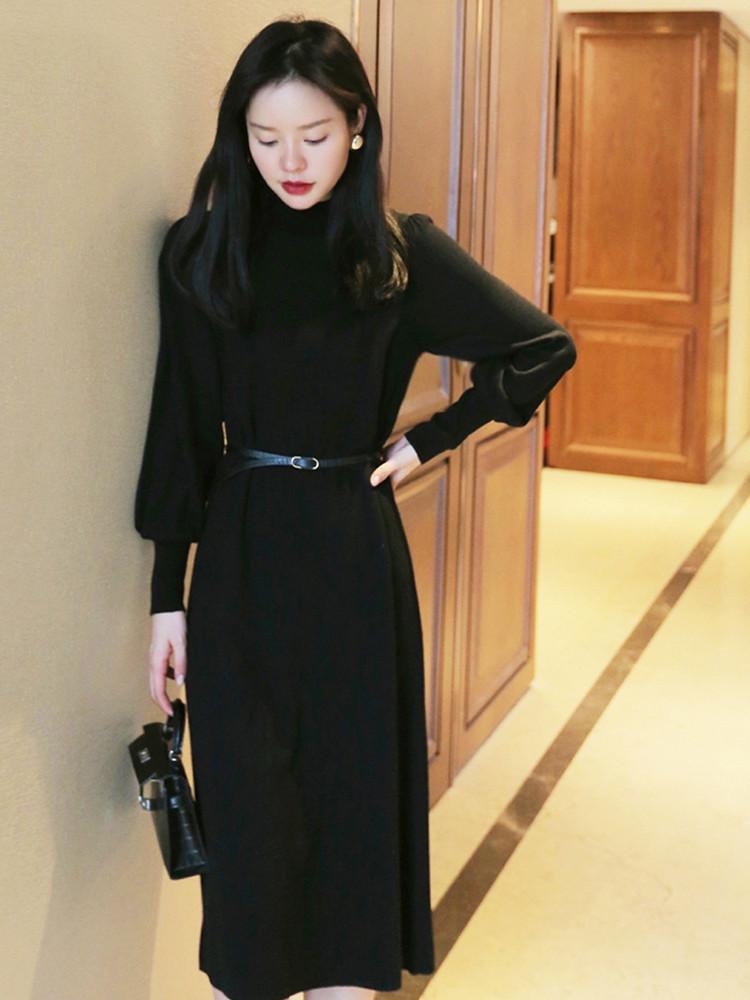 Half turtleneck medium and long solid color sweater knitted dress women's autumn and winter simple and thin bottoming skirt