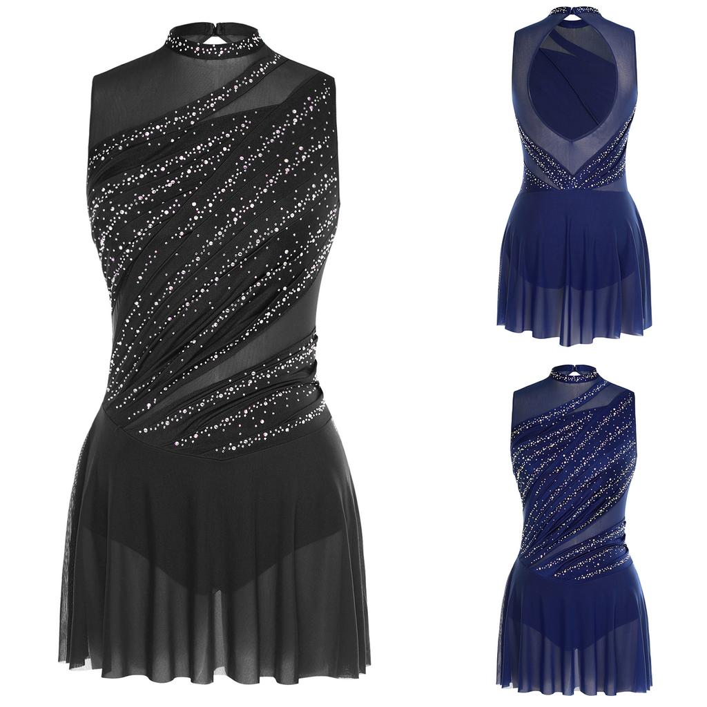 Dámský gymnastický baletní lyrický taneční dres šaty zdobené kamínky síťovaná sukně šaty kostým pro moderní současný tanec