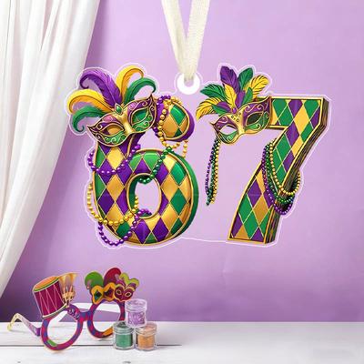 Mardi Gras Nummer 67 Ornament Akryl Vedhæng Lilla/Grøn/Guld Harlekinmønster, Indendørs Karneval Hængende Dekoration, Festlig Gave til Mardi Gras