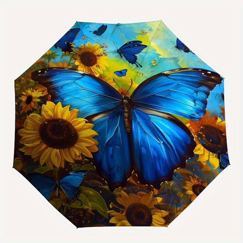 Butterfly Sunflower Theme 8 Bone Hand Automatic Folding Umbrella, Compact and Portable Design, A Perfect Gift for Birthday, Christmas or Bus