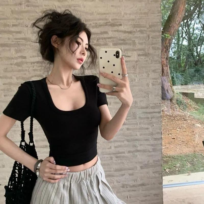 Women's U-Neck Slim Fit Crop Top Short Sleeve T-Shirt