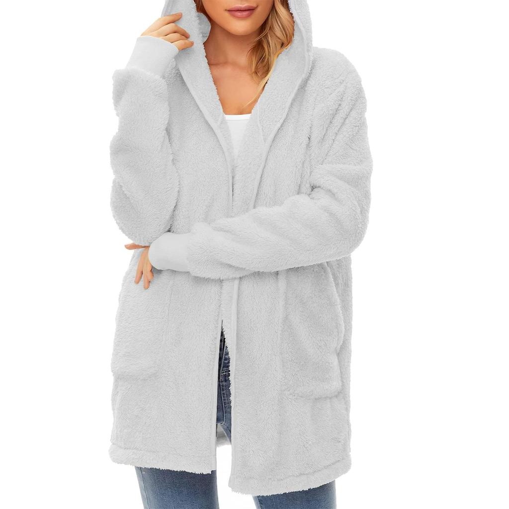 Women's Casual Fleece Lined Hooded Cardigan Solid Color Long Sleeved Coat