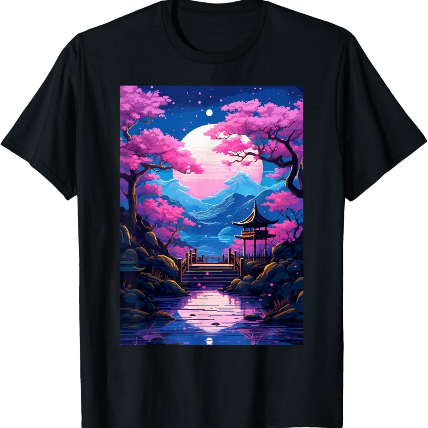 Garden Cherry Blossom Zen Retro Pixel Art T-Shirt S чёрный