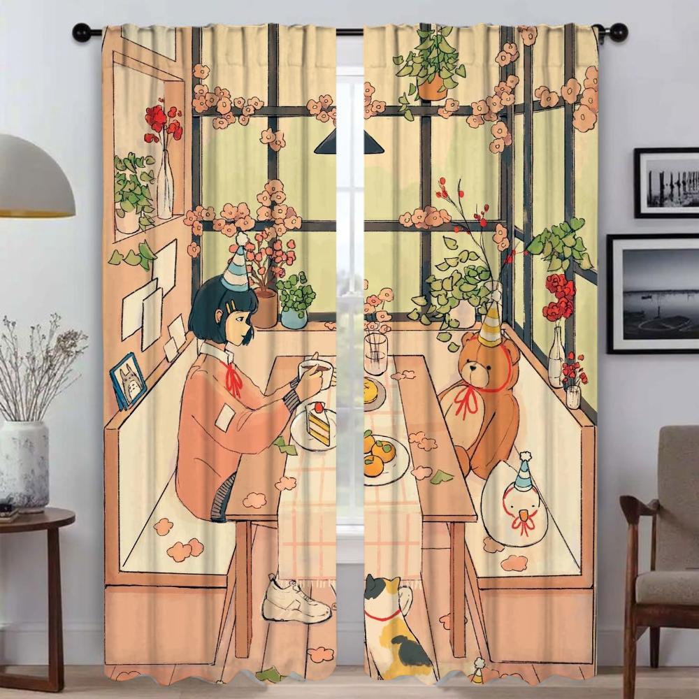 Set Of 2 Kawaii Life Tulle Bedroom Kitchen Curtains Camera Home Interior Window Curtain Shades Partition Room For Sleeping Area Made Polyester