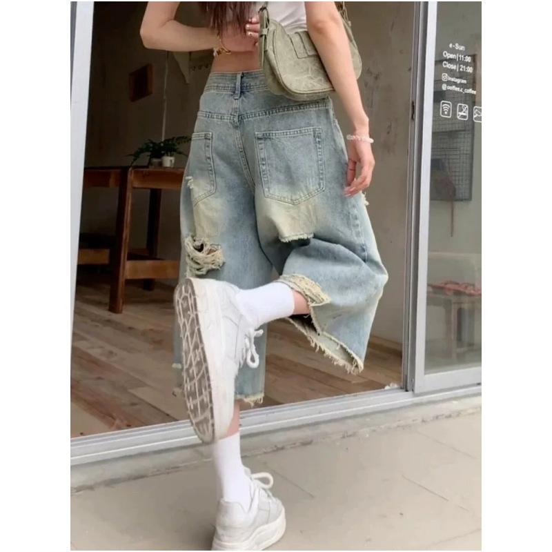 American ripped rough edge seven-point jeans women s summer wide-leg design eight-point medium pants straight short pants XS синий