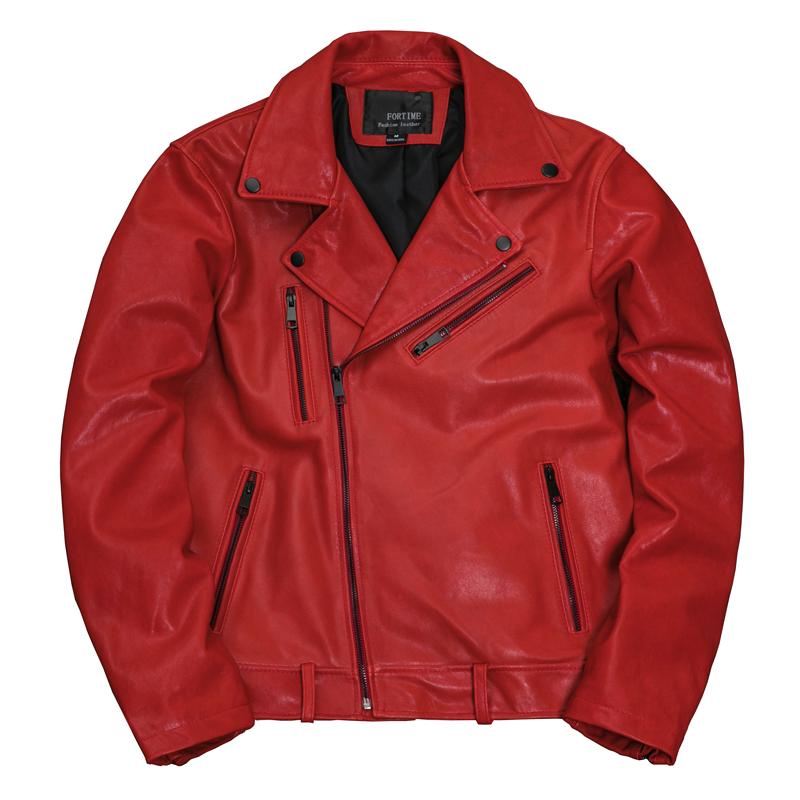 New Genuine Sheepskin Leather Jacket Men Slim Fit Korean Style Red Biker Coat