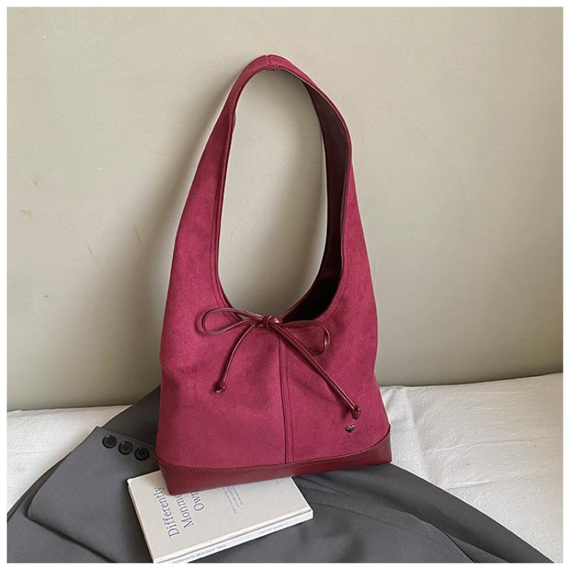 

Bag women s new large-capacity retro suede tote bag French bow shoulder bag bucket armpit bag червоний