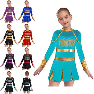 Kids Girls Cheerleader Costume Shiny Long Sleeve Letter Pattern Cheer Dance Dress