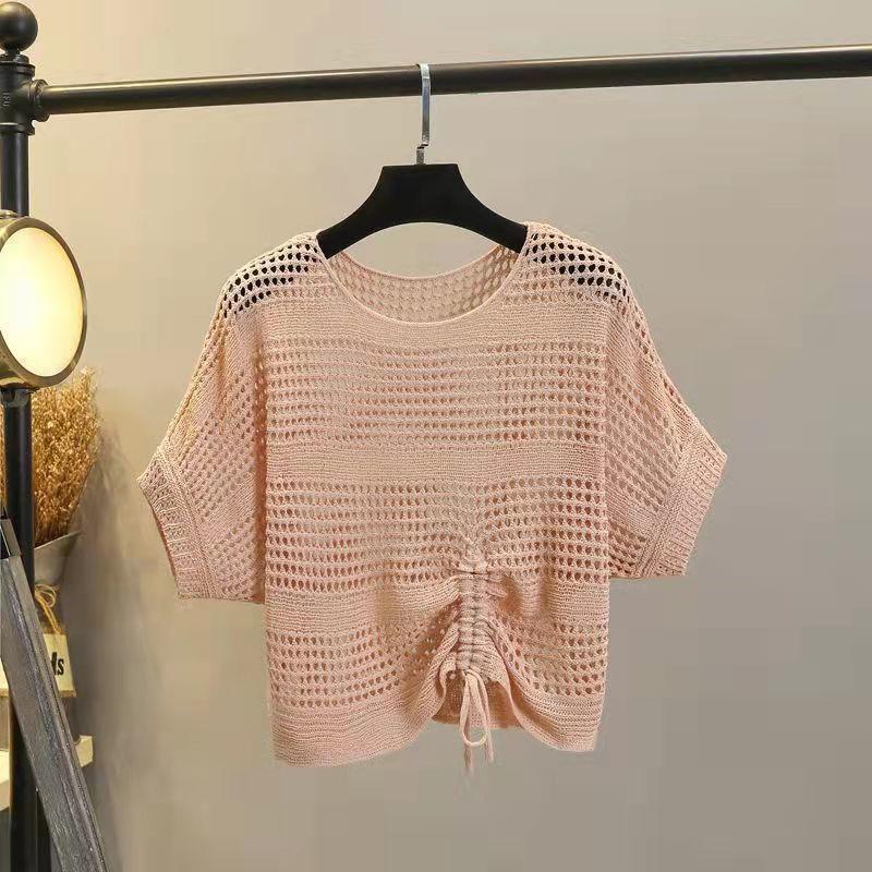 Hollow top knitted sweater women's summer bat-sleeved blouse loose short drawstring mesh shirt with suspenders