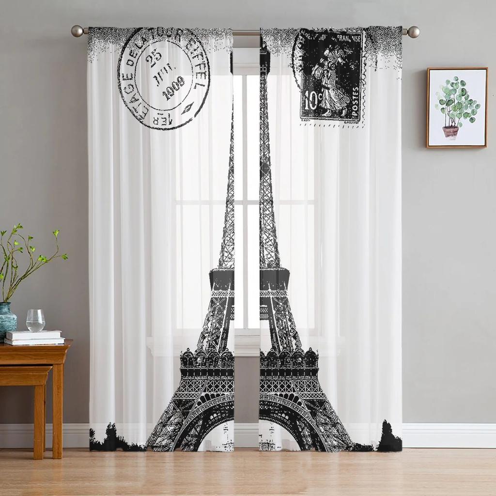 Black And White Paris Drawing Tulle Curtains for Living Room Drapes Window Sheer Modern Curtains for Bedroom Decor
