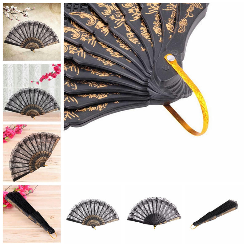 Black Spanish Style Dance Party Wedding Lace Silk Folding Hand Held Flower Fan