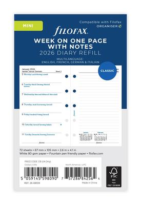 Filofax System Organizer Refill, 2026, January Start, Mini Weekly, White, 26-68109, Officially Imported