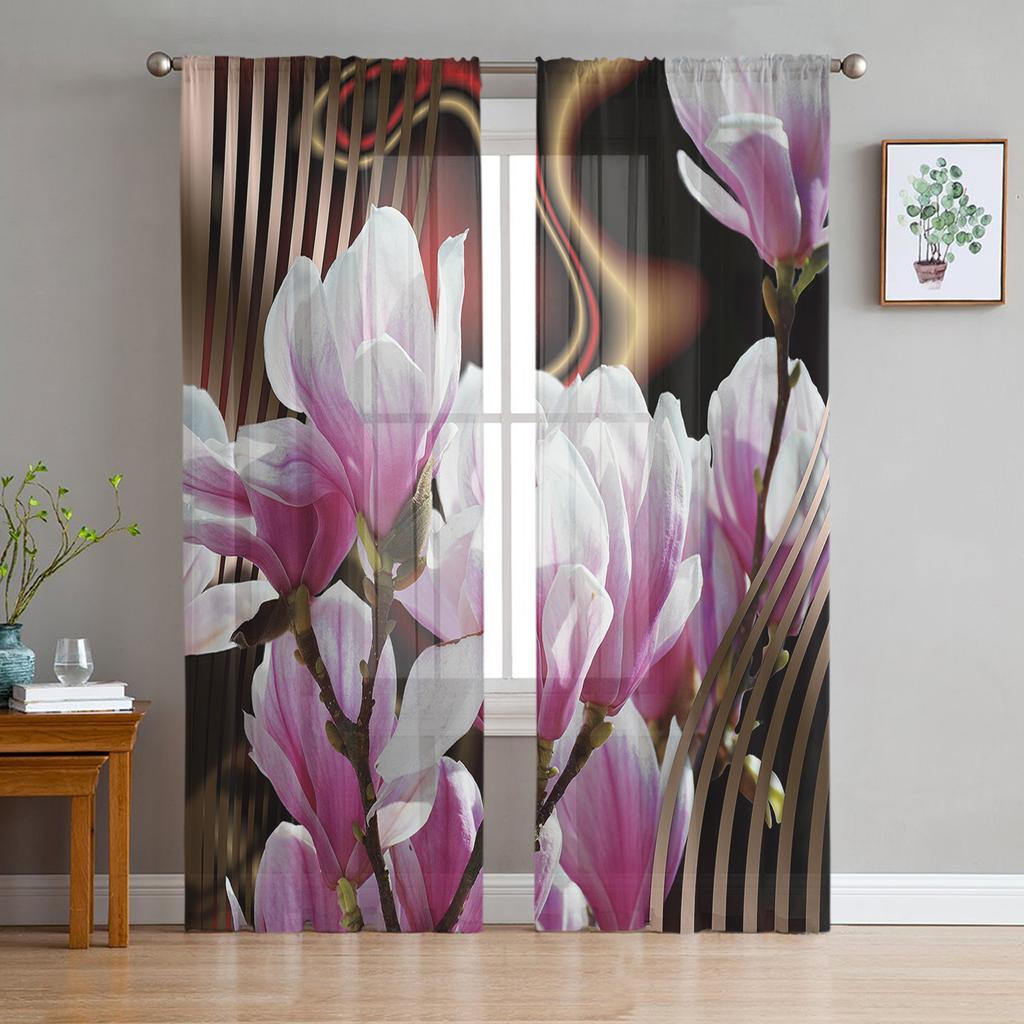 Modern Sheer Curtains Flower Orchid Watercolor Living Room Kitchen Children's Room Decoration Household Chiffon Window Curtains