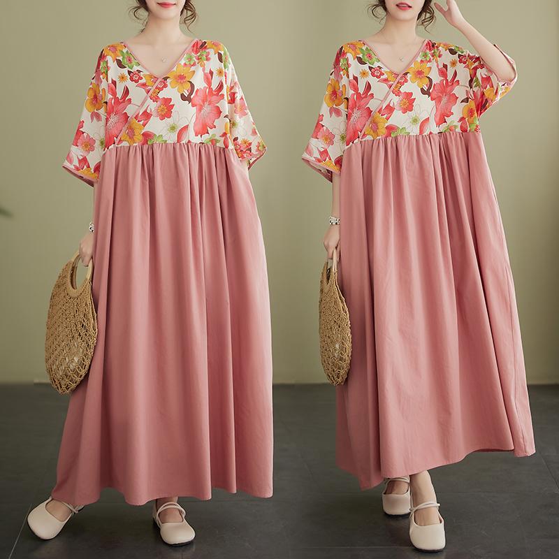 DIMANAF 2024 Plus rozmiar letnia sukienka damska patchworkowy nadruk luźna sukienka Vintage sukienki na co dzień dekolt w serek kobieta