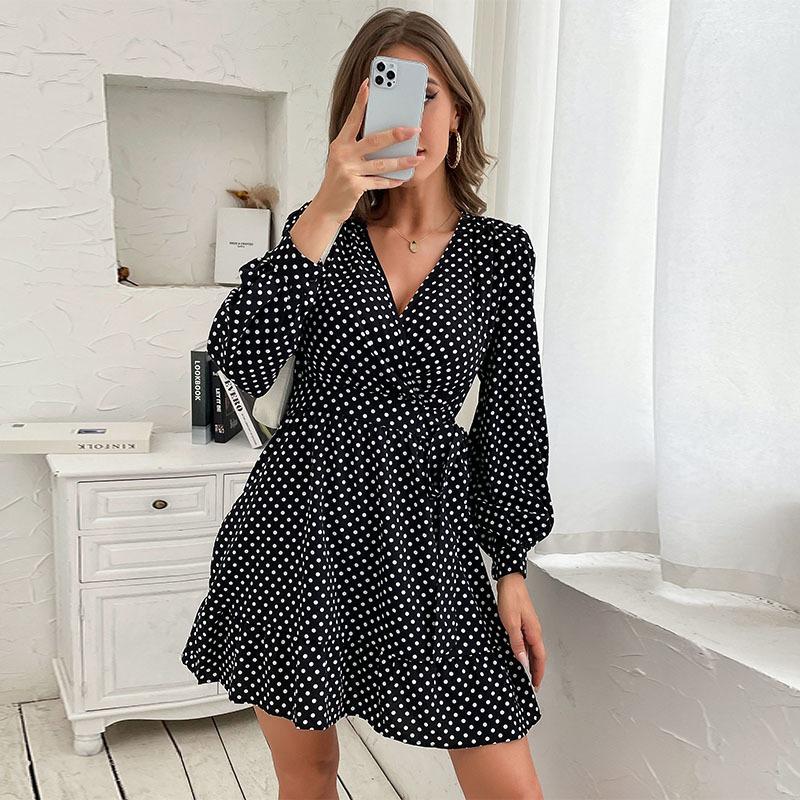YYFS Moda Donna Primavera Autunno Stampa a Pois Manica Lunga Scollo a V Vita Alta Abiti Casual