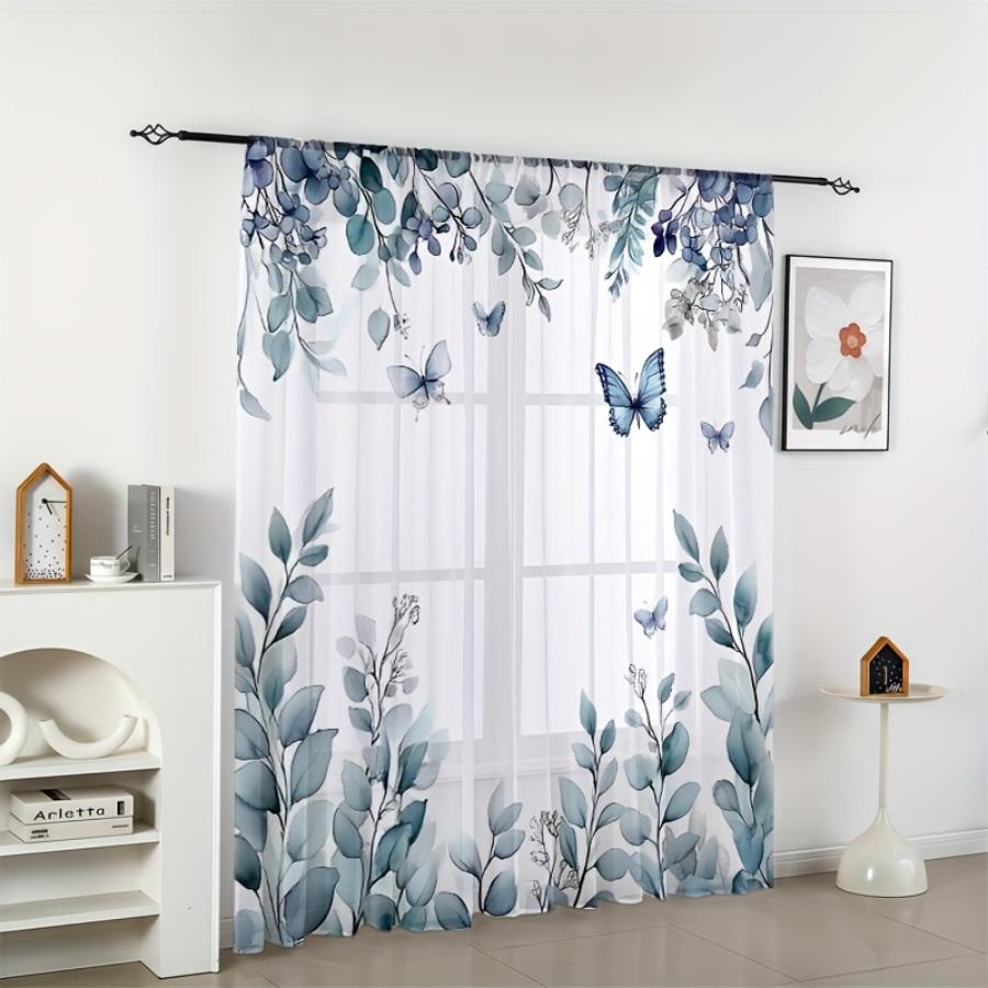 2PCS Digital Printed Sheer Curtain, Blue Leaf Butterfly Print, Whimsical Nature Botanical for Living Room Bedroom Home Decor