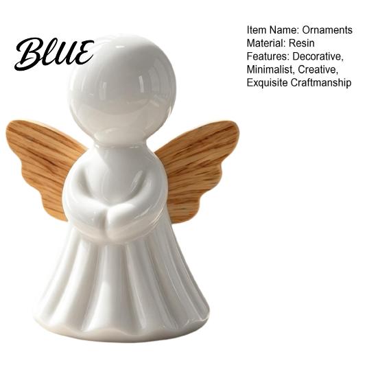 Resin Crafts for Home Minimalist Angel Figurine with Wood Texture Wings Compact Statue Accessories Decorative White Sculpture Office Desk Decoration