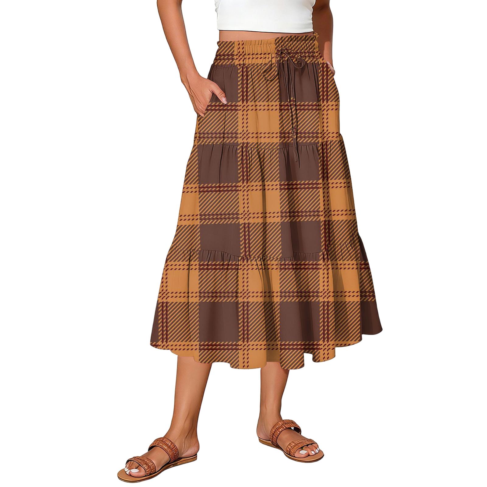 

Ladies plaid printed casual elastic waist drawstring skirt S