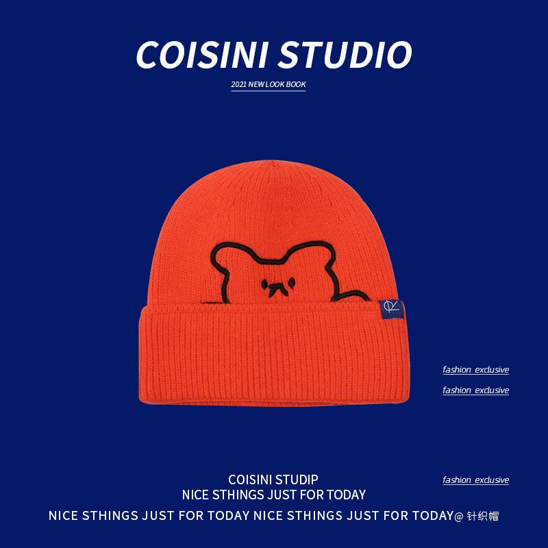 New cute bear embroidered wool hat women's autumn and winter warm ear protection cloth label knitted hat men's versatile women