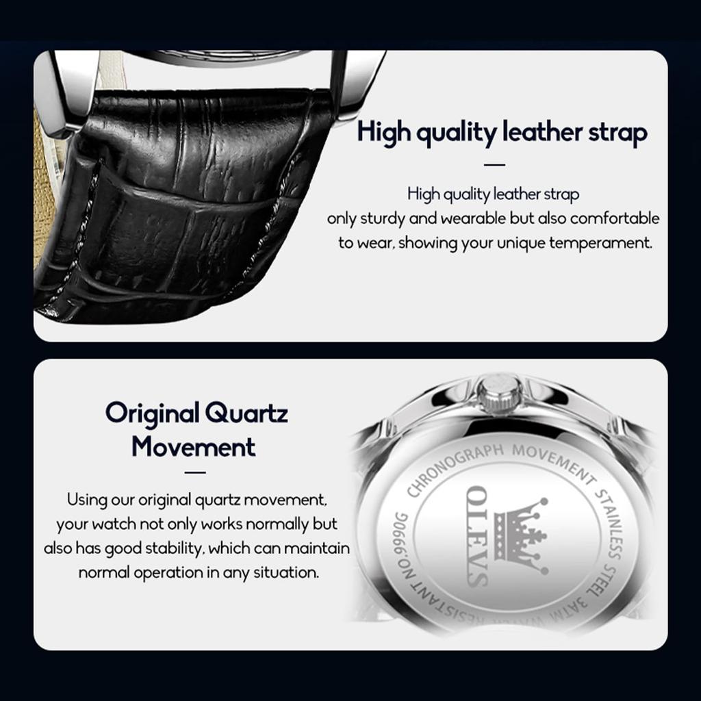 OLEVS Black Waterproof Analog Quartz Watch with Leather Stylish Silver Simple Luminous Date and Day Black Leather Men's Strap, Dial, Design, Display,
