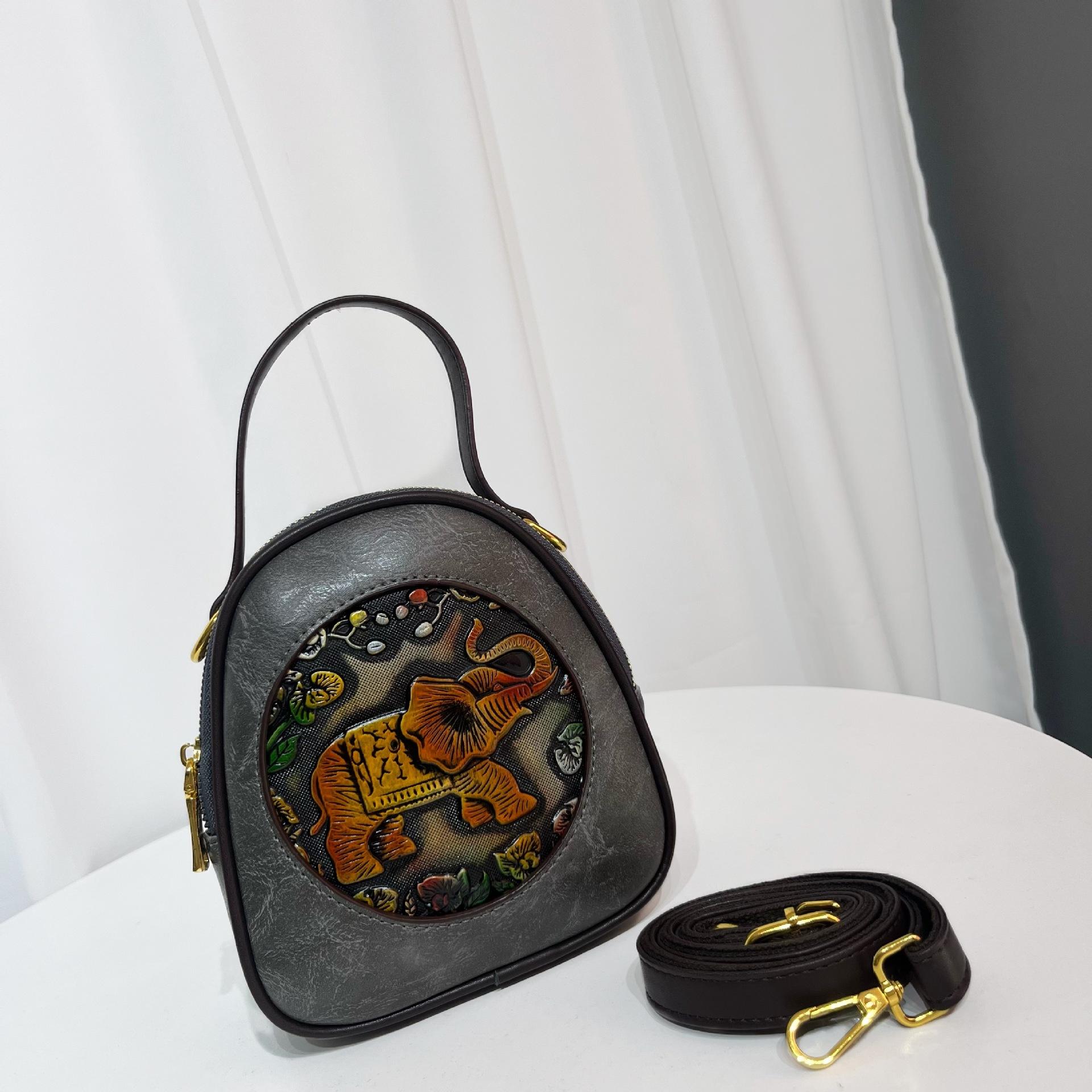 Этническая винтажная круглая сумка кроссбоди - Дамская сумка на плечо с ручным тиснением минималистичная текстура вместительная сумка для серый 2629₽