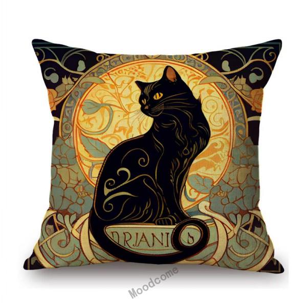 Black White Cat Nouveau Art Floral Background Mucha Style Retro Cotton Linen Sofa Throw Pillow Case Home Decor Cushion Cover