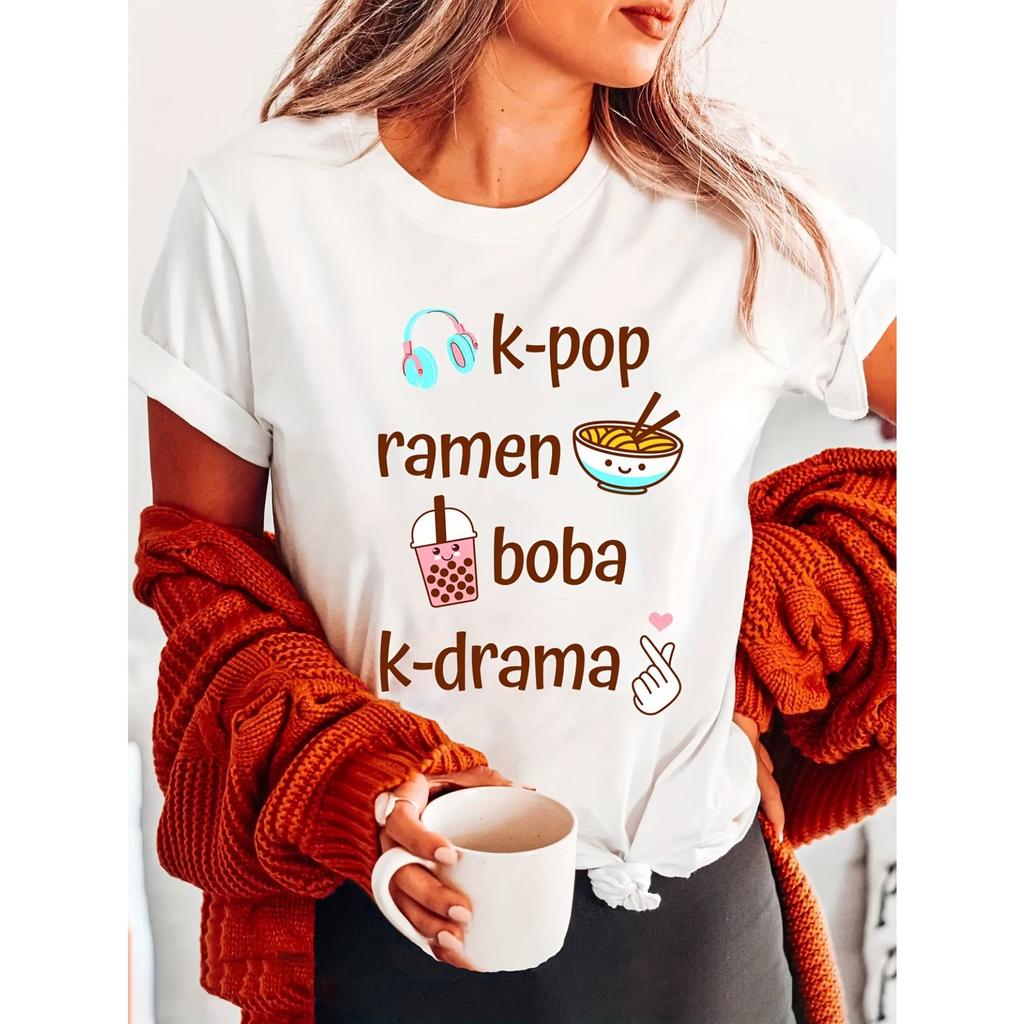 Headphone Ramen Milk Tea Fashion Letter Print T-shirt, Short Sleeve Crew Neck Casual Top for Summer & Spring