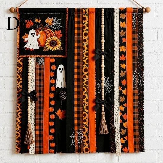 Seasonal Festival Gift Halloween Rag Banner, Orange Black Skull Ghost Pumpkin Hanging Decoration, Rustic Theme Banner Fabric Stripe for Front