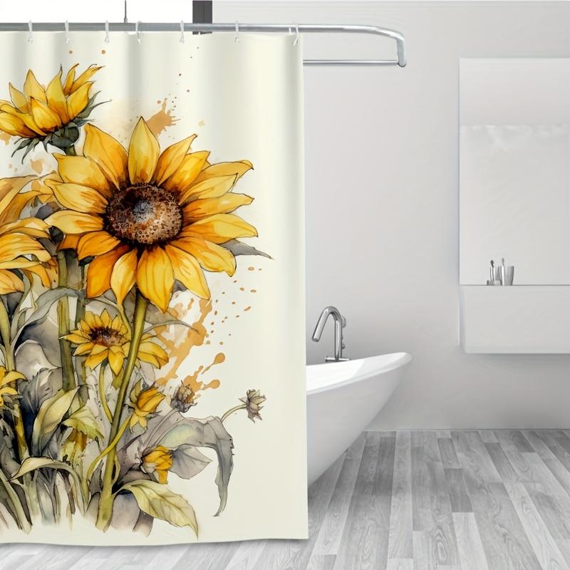 1pc Yellow Sunflowers on White Background Watercolor Shower Curtain, Durable Polyester, Easy Clean