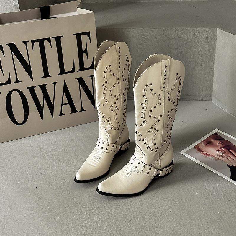Women's Western Cowboy Boots Fashion Knee-high Boots Retro Rivet Knight Boot Luxury Pointed Leather Boots for Women Botas Mujer